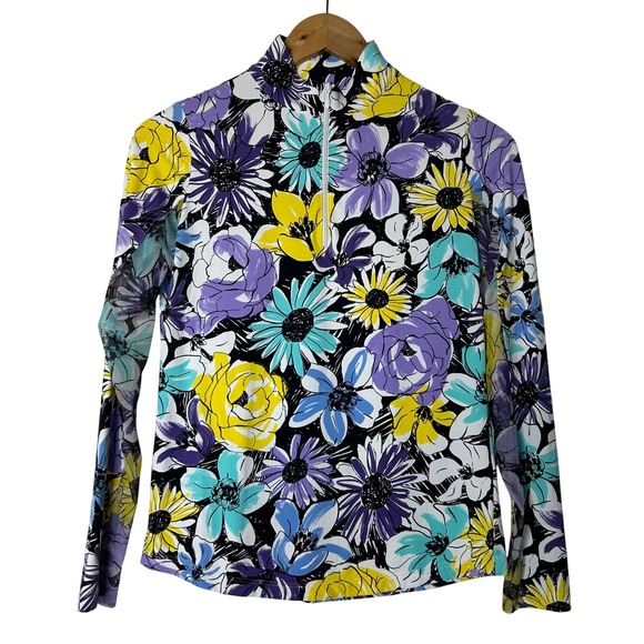 IBKUL Top Size XS Floral Print Long Sleeve 1/4 Zip Pullover Womens Activewear - Picture 1 of 9